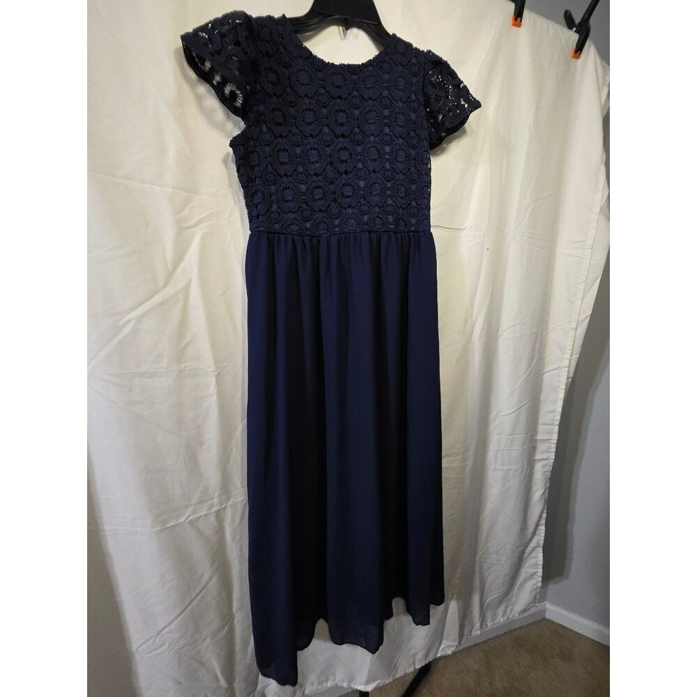 Hosika Girls Navy Blue Maxi Dress Lace Crochet Bodice Short Sleeves 12